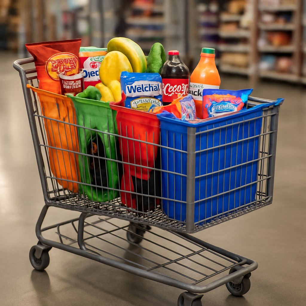 Chariot de courses avec des sacs réutilisables colorés et divers aliments à l'intérieur, dans un magasin.