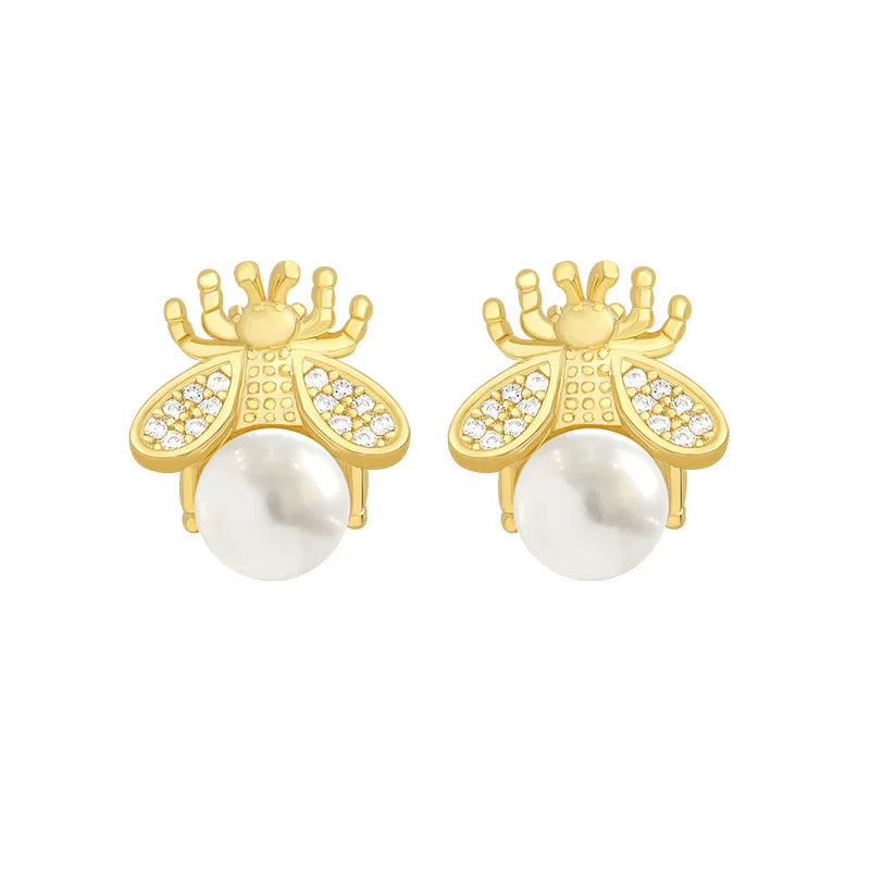 New French Retro Crystal Pearl Stud Earrings For Women Exquisite Bee Small Earrings Fashion Jewelry Gift Mujer Boucle D'oreille