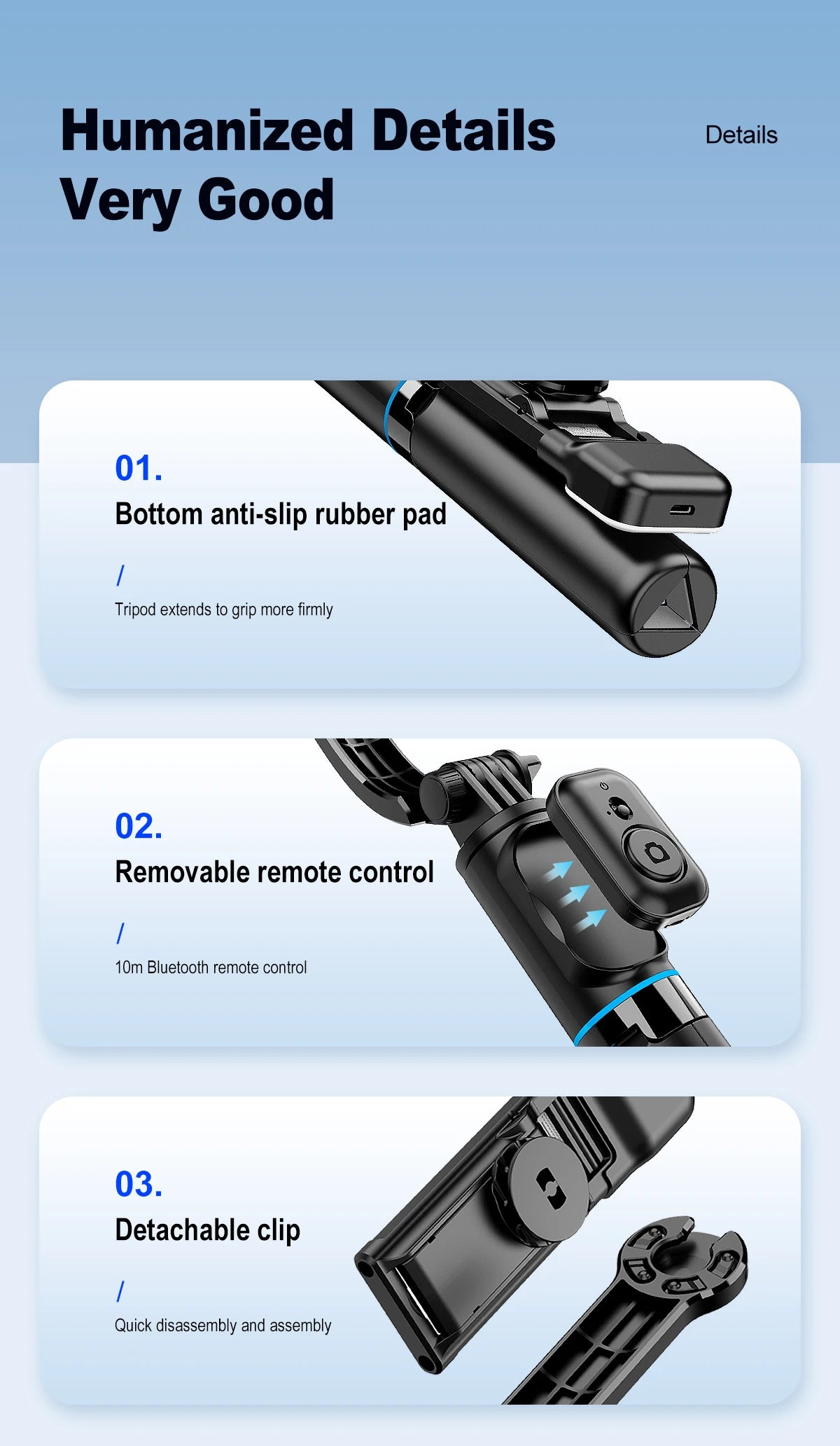 Trépied C01s Selfie Stick avec lumière de remplissage, monopode détachable de support de téléphone, télécommande Bluetooth sans fil pour Huawei iPhone Android