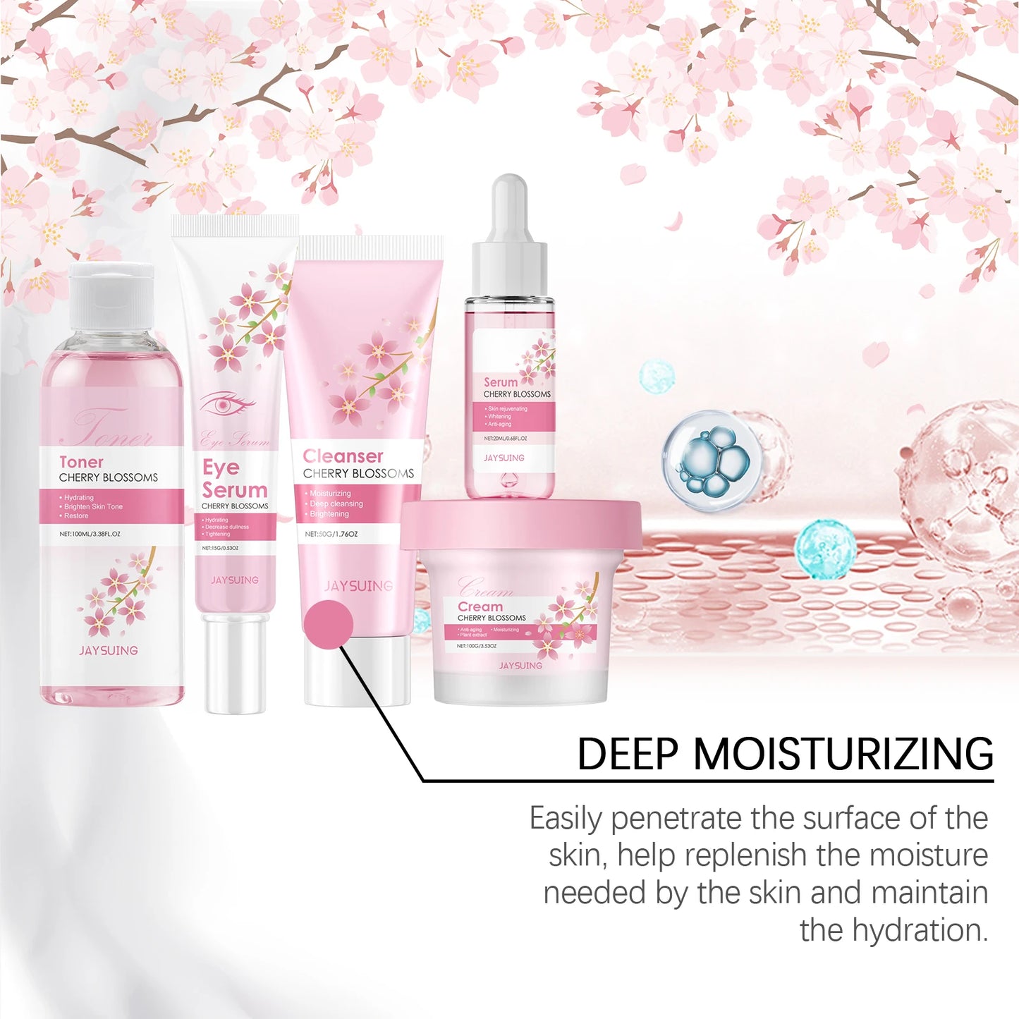 Sakura Skincare Set Crème hydratante pour le visage Sérum Toner Nettoyant pour le visage Crème pour les yeux Kit de soins du visage éclaircissant anti-rides pour femmes