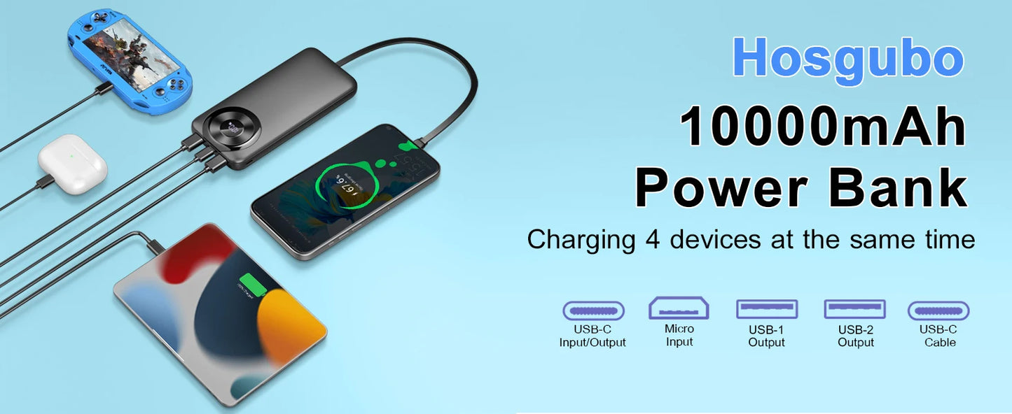 Chargeur portable 10000mAh, Power Bank de charge à grande vitesse avec câble intégré 5V/3A Slim Battery Pack, USB-C in&Out Powerbank.