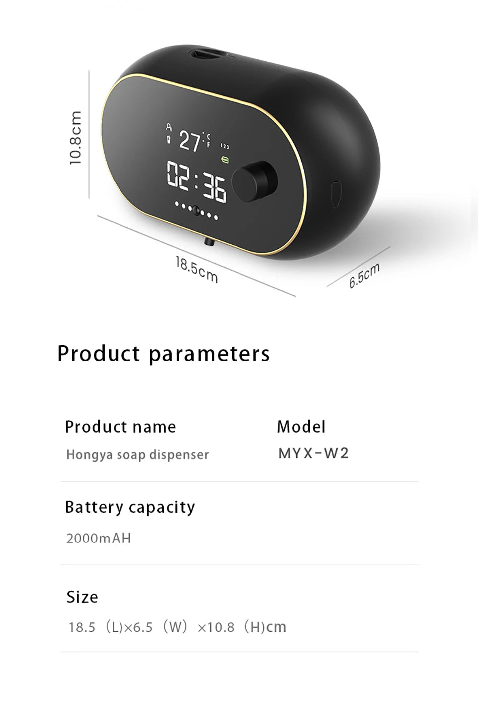 Distributeur automatique de savon en mousse sans contact Affichage de la température de l’heure Charge USB Distributeur de savon liquide à induction automatique étanche