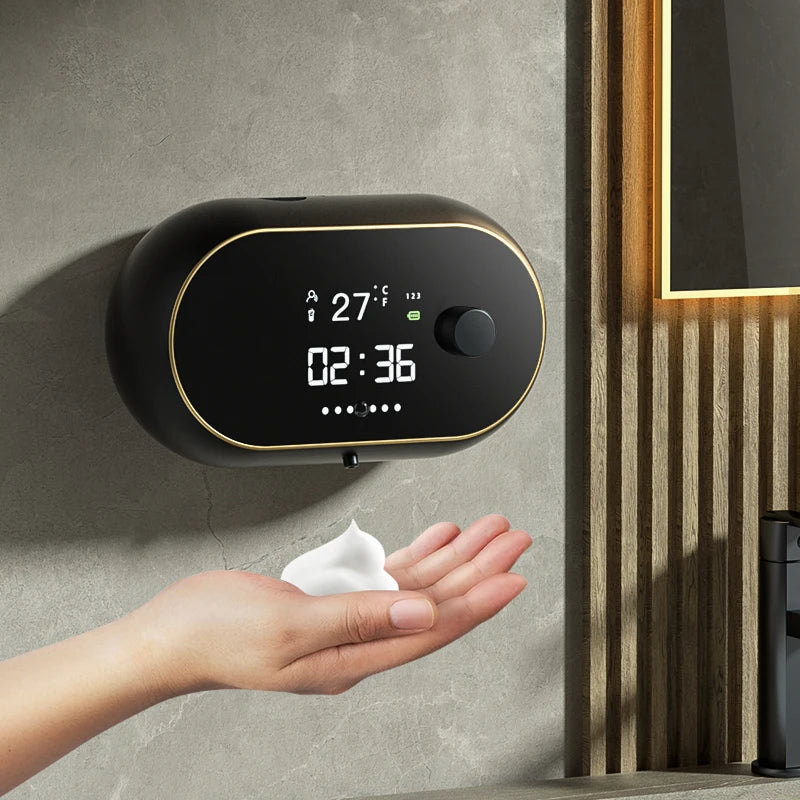 Distributeur automatique de savon en mousse sans contact Affichage de la température de l’heure Charge USB Distributeur de savon liquide à induction automatique étanche