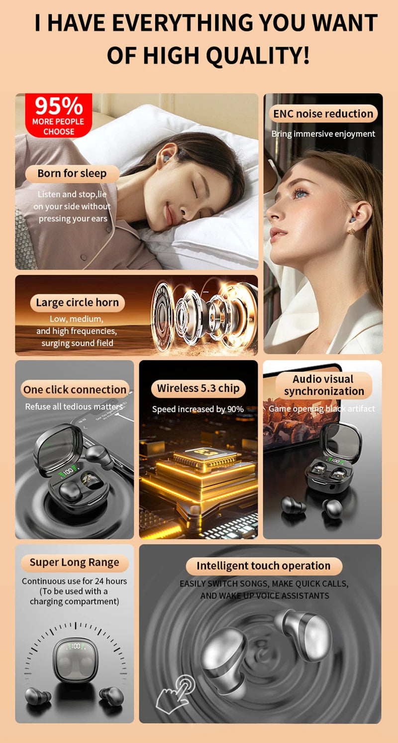 Xiaomi Mini sans fil Bluetooth 5.3 Casque Petits écouteurs Sommeil Travail Musique Sports Invisible HD HIFI Basse Qualité sonore Écouteurs