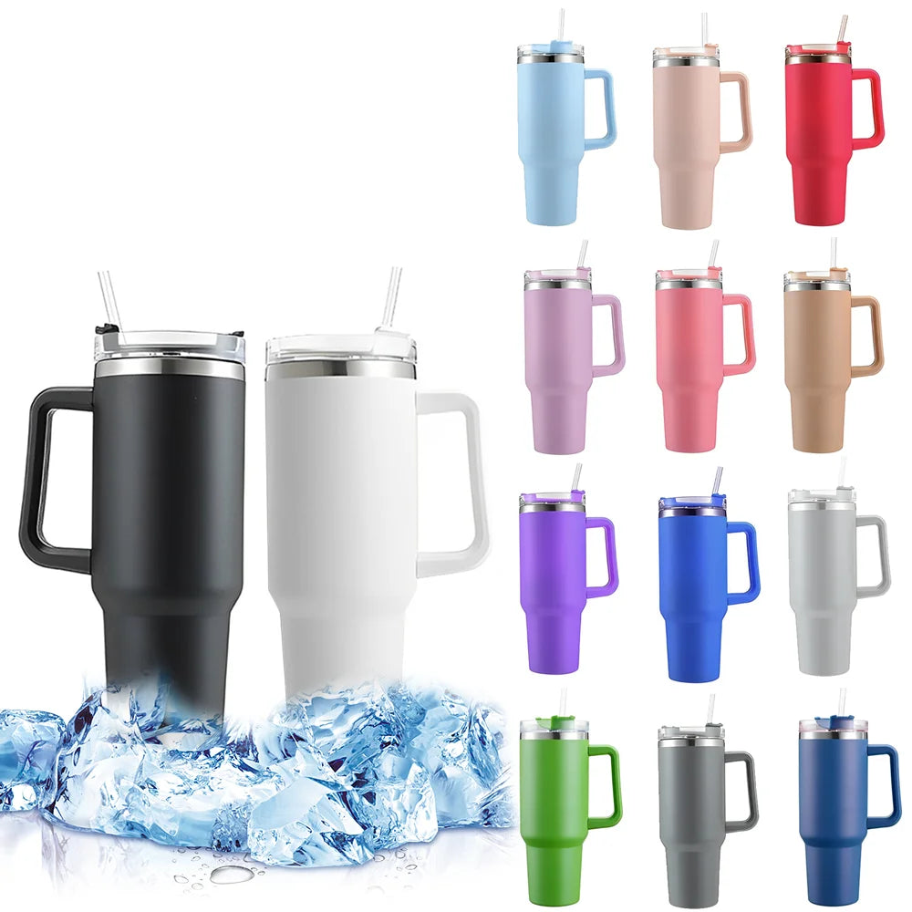 Bouteille d’eau isolée en acier inoxydable 304 de 40 oz, tasse de voiture à café thermique,flacon d'aspirateur froid et chaud avec paille et poignée, pour le sport