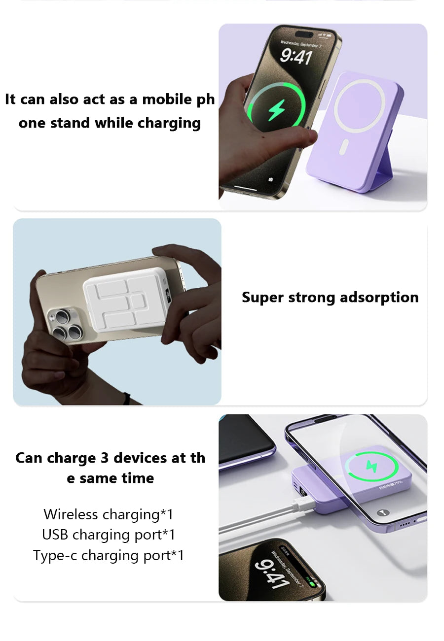 Powerbank 10000mAh Sans fil PD15W / PD22.5W Conception de support d'alimentation Charge rapide pour iphone