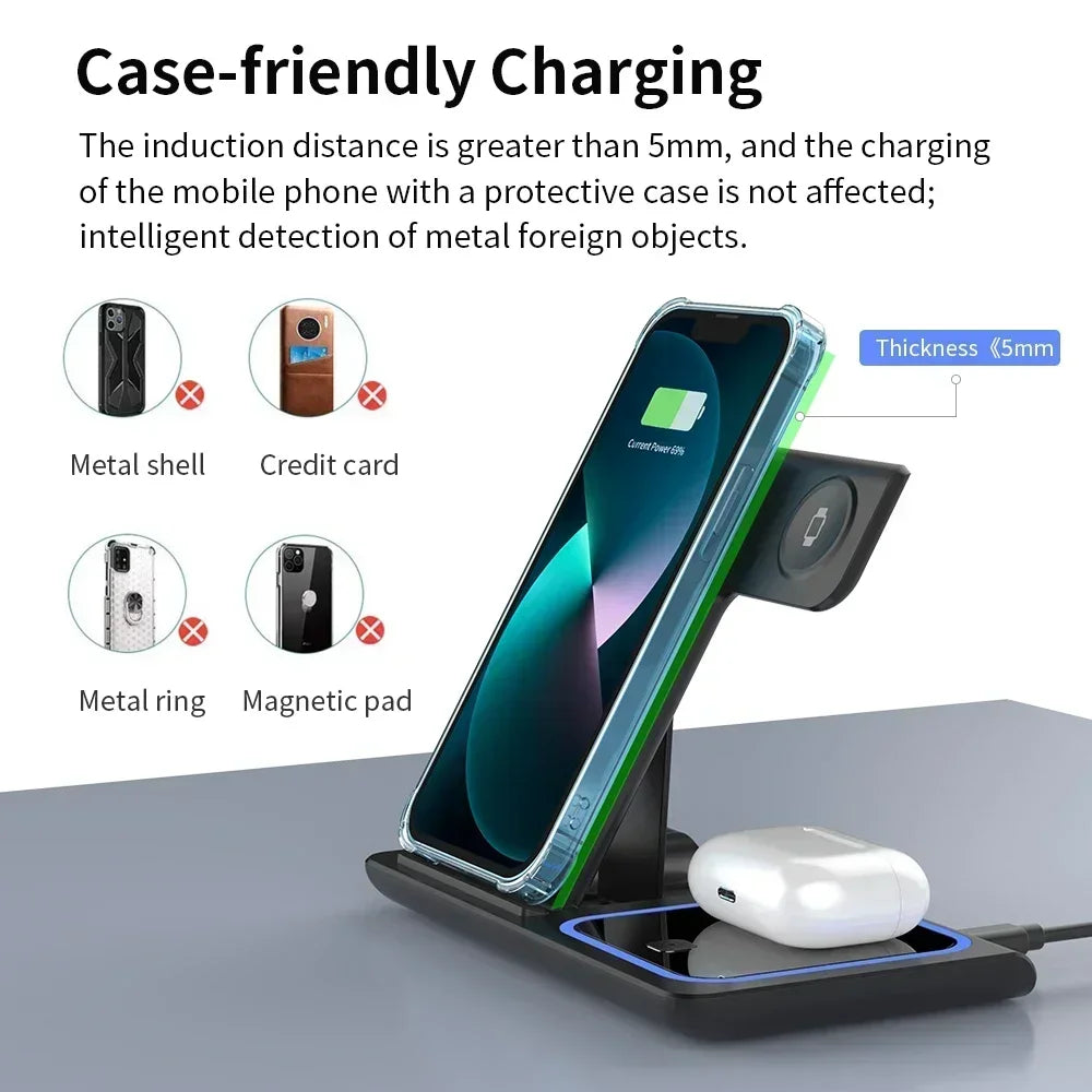 Chargeur sans fil 3 en 1 LED Light Support de téléphone pour iPhone 15 14 13 12 iWatch 8 7 6 AirPods Station de charge rapide pliable