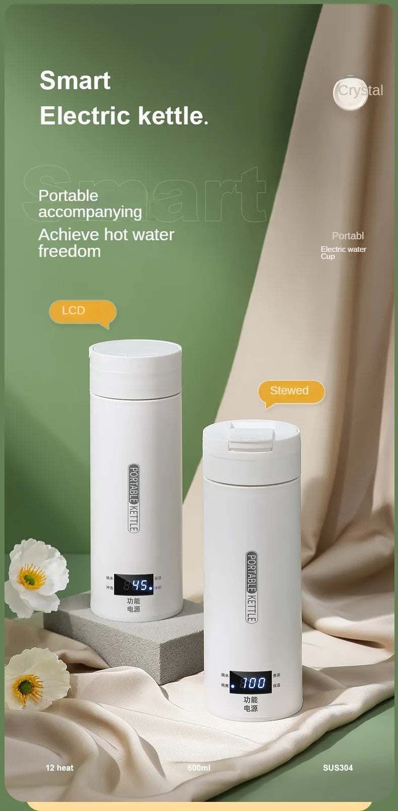 Bouilloire électrique de voyage 500ML Eau à ébullition rapide Chauffe-lait portable pour bébé Bouilloire thermo en acier inoxydable 304