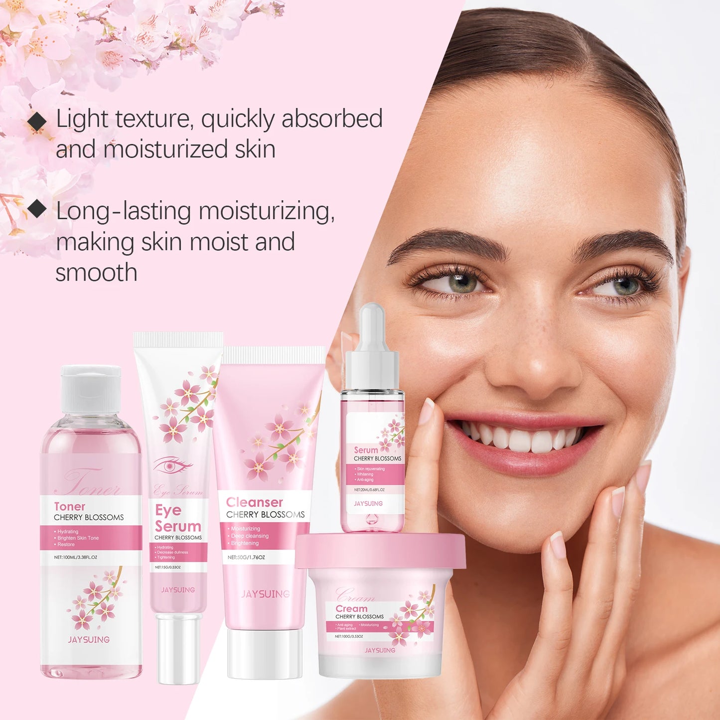 Sakura Skincare Set Crème hydratante pour le visage Sérum Toner Nettoyant pour le visage Crème pour les yeux Kit de soins du visage éclaircissant anti-rides pour femmes