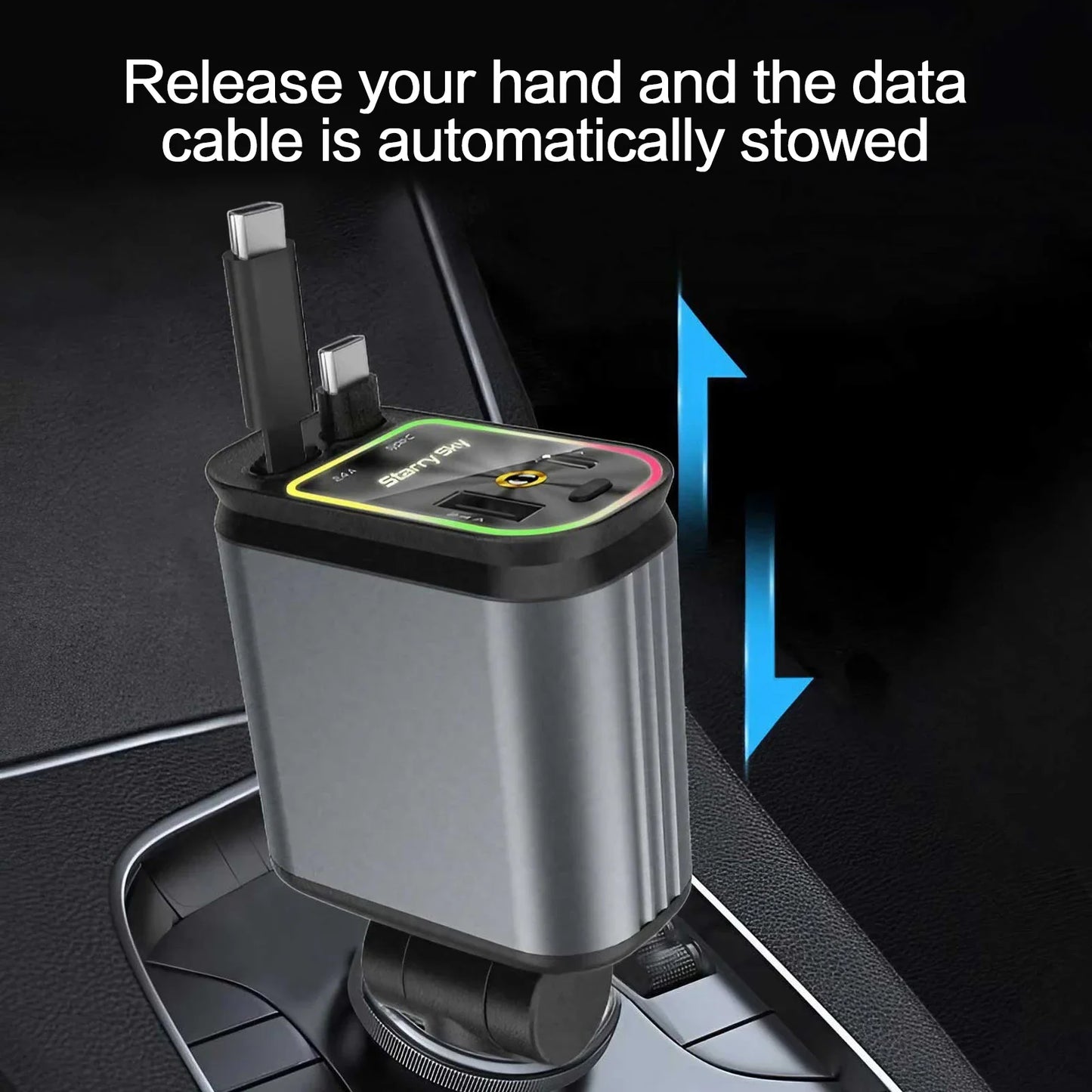 Chargeur de voiture rétractable 4 en 1 Chargeur de voiture à charge rapide avec câble USB de type C et 2 ports de charge de type C, chargeur de voiture universel