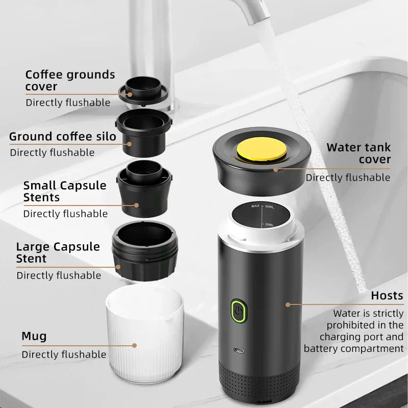 WiReless Machine à café expresso portable électrique pour voiture et maison Machine à café de camping 3-en-1 Capsule Powder Machine à café de voyage