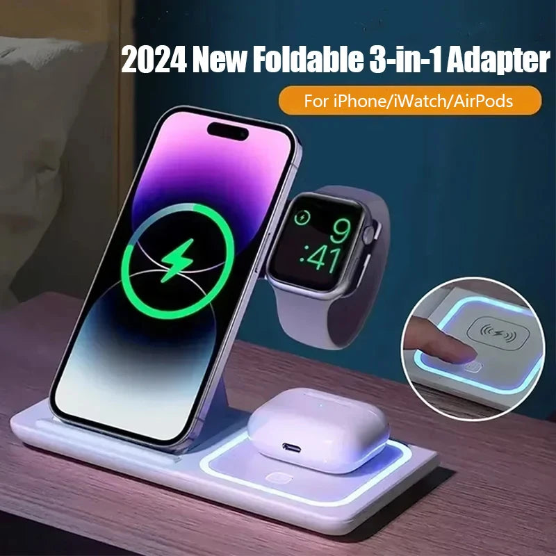 Chargeur sans fil 3 en 1 LED Light Support de téléphone pour iPhone 15 14 13 12 iWatch 8 7 6 AirPods Station de charge rapide pliable