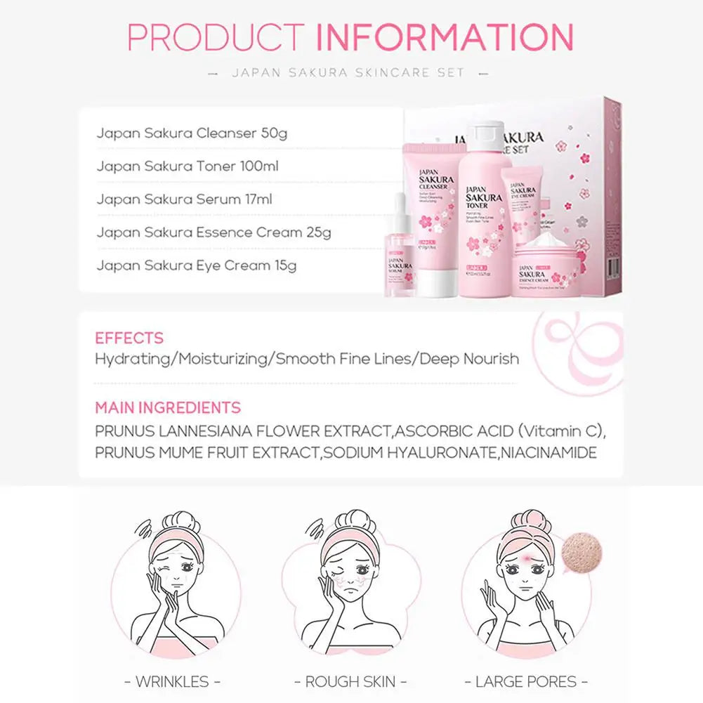 Sakura Lot de 5/3 soins pour le visage, sérum, tonique, nettoyant pour le visage, crème solaire, pour les yeux, coffret cadeau
