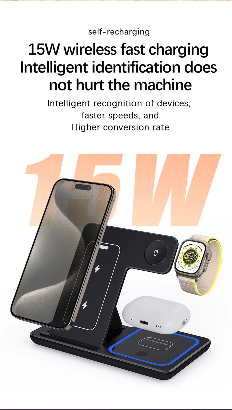 Support de chargeur sans fil pliable 3 en 1 pour iPhone 15 14 13 12 Pro Max Mini iWatch AirPods 3/2 Support de station de charge rapide