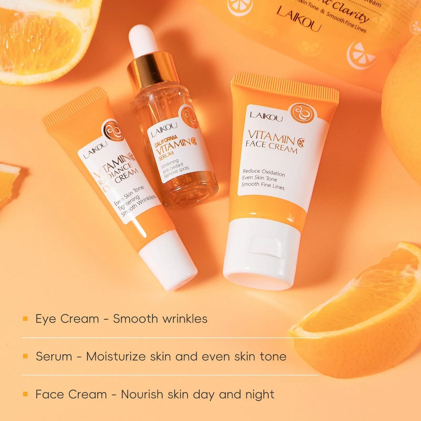 LAIKOU Ensemble de produits de soins de la peau de la série Vitamin C Ensemble de soins de la peau hydratante de 5 pièces Nettoyant Toner Essence Crème pour les yeux et crème pour le visage
