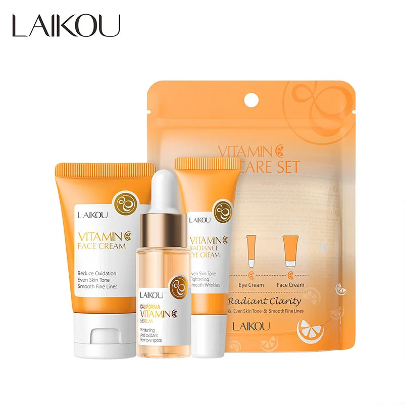 LAIKOU Ensemble de produits de soins de la peau de la série Vitamin C Ensemble de soins de la peau hydratante de 5 pièces Nettoyant Toner Essence Crème pour les yeux et crème pour le visage