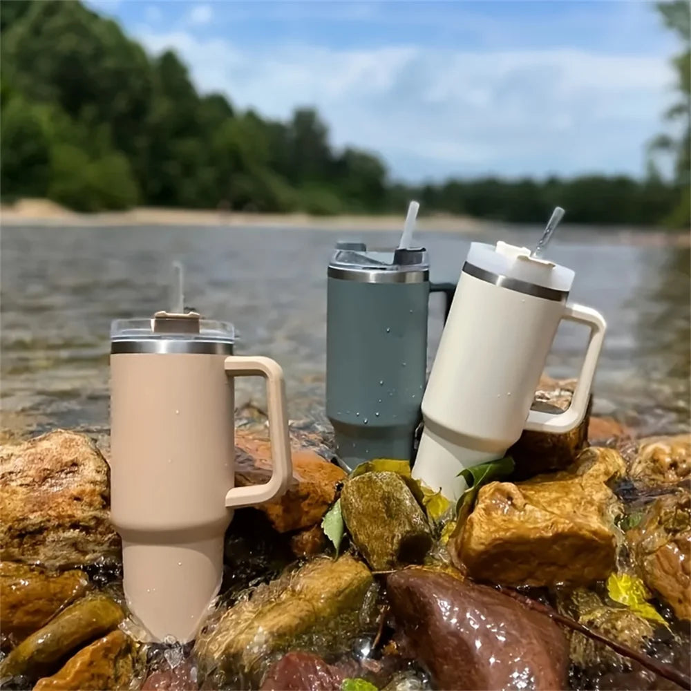 Bouteille d’eau isolée en acier inoxydable 304 de 40 oz, tasse de voiture à café thermique,flacon d'aspirateur froid et chaud avec paille et poignée, pour le sport