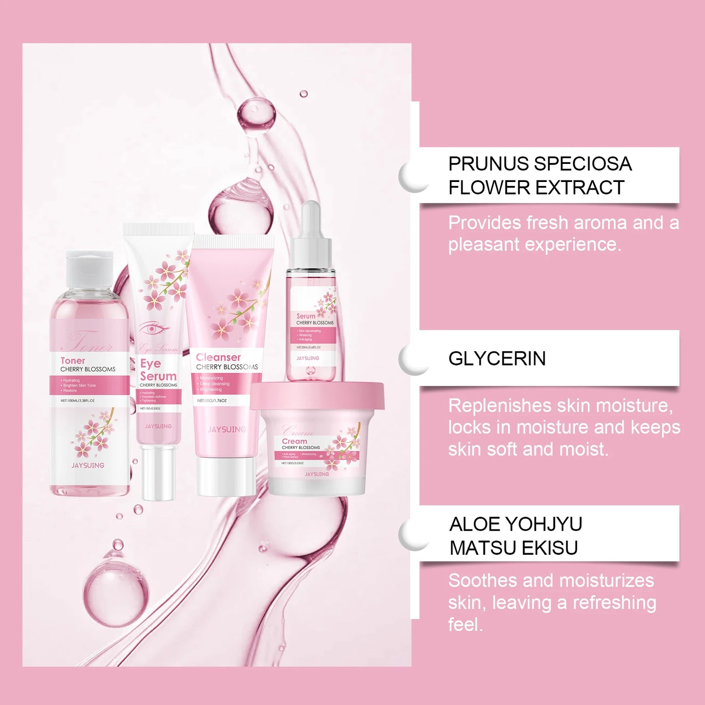 Sakura Skincare Set Crème hydratante pour le visage Sérum Toner Nettoyant pour le visage Crème pour les yeux Kit de soins du visage éclaircissant anti-rides pour femmes