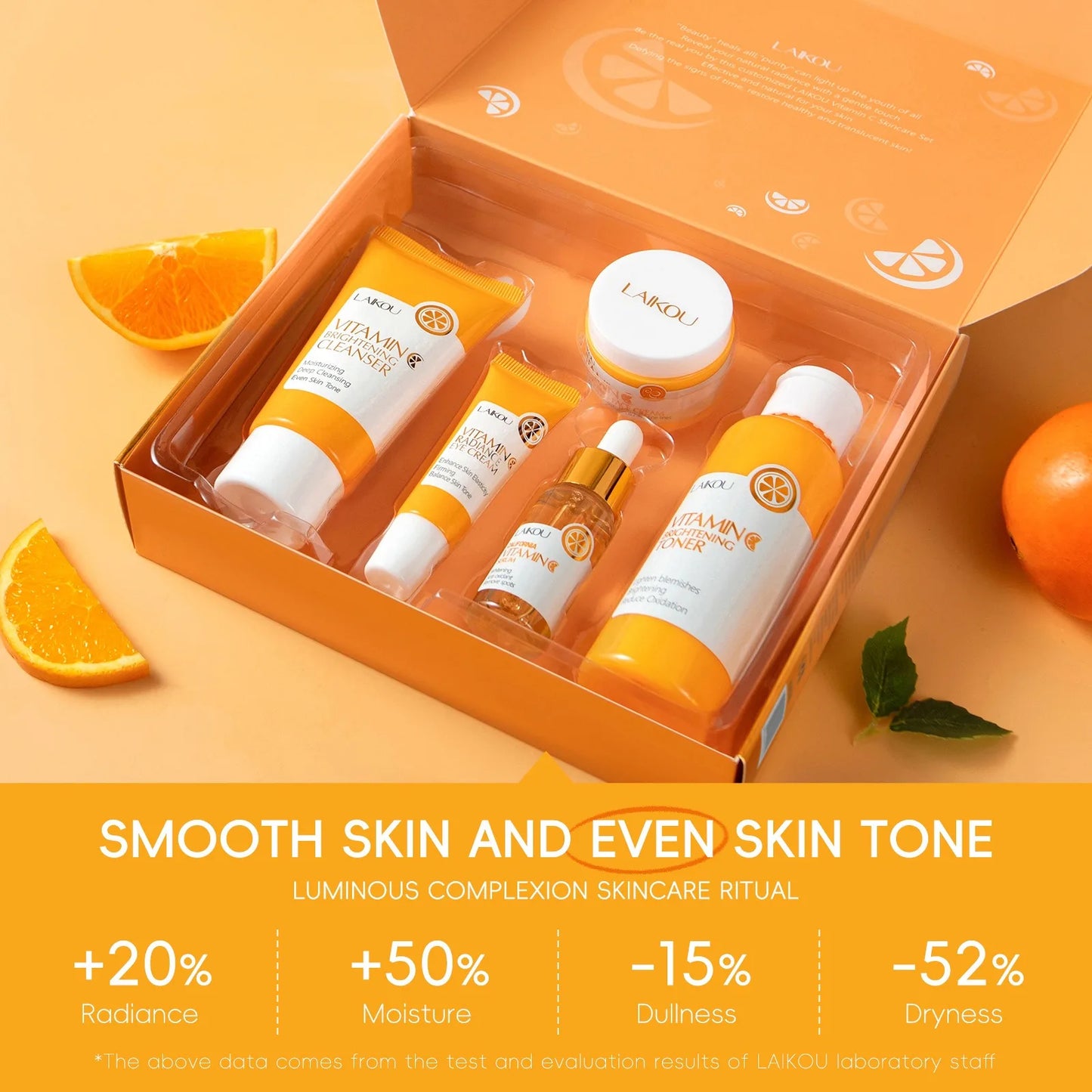 LAIKOU Ensemble de produits de soins de la peau de la série Vitamin C Ensemble de soins de la peau hydratante de 5 pièces Nettoyant Toner Essence Crème pour les yeux et crème pour le visage
