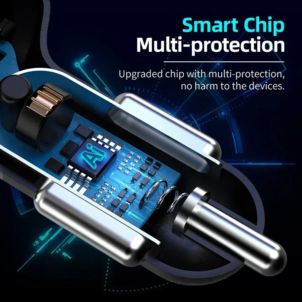 Chargeur de voiture rétractable 4 en 1 Chargeur de voiture à charge rapide avec câble USB de type C et 2 ports de charge de type C, chargeur de voiture universel
