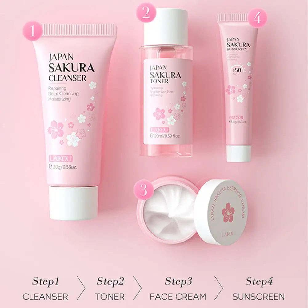 4pcs/Bag Sakura Skin Care Sets Facial Cleanser Face Face Toner Sunscreen Hydratant Lissant Nourrissant Produit de soins de la peau