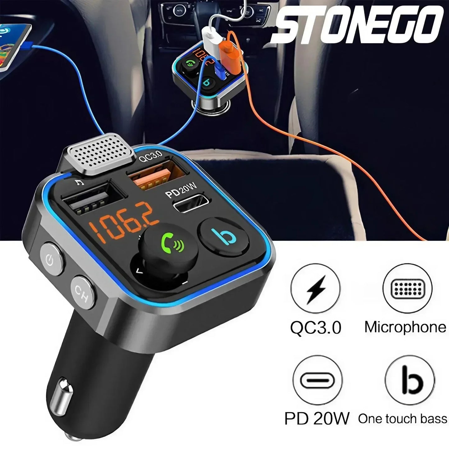 Chargeur de voiture rétractable 4 en 1 Chargeur de voiture à charge rapide avec câble USB de type C et 2 ports de charge de type C, chargeur de voiture universel