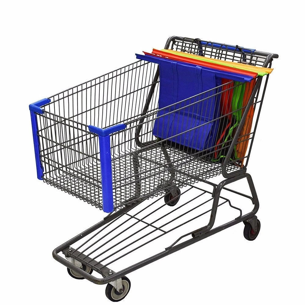 Chariot pliable avec sacs de rangement réutilisables écologiques de différentes couleurs.