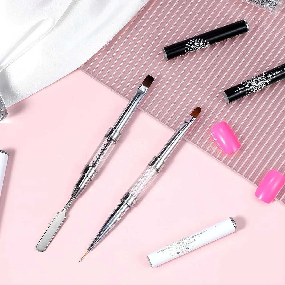 Double-extrémité Hard Nail Art Brush Builder Gel Strass Handle French Tip for Manicure Design Polish Gel Liner Professional Pen