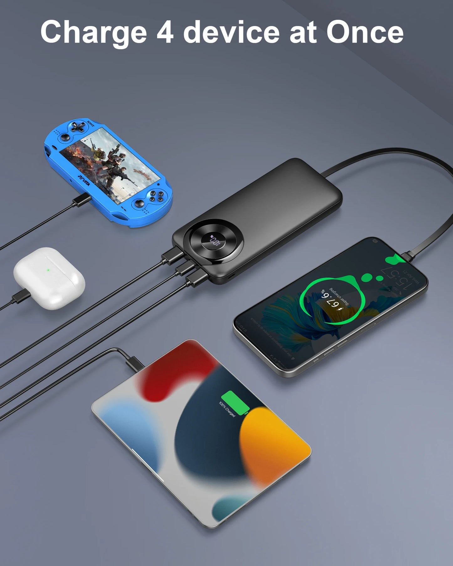 Chargeur portable 10000mAh, Power Bank de charge à grande vitesse avec câble intégré 5V/3A Slim Battery Pack, USB-C in&Out Powerbank.