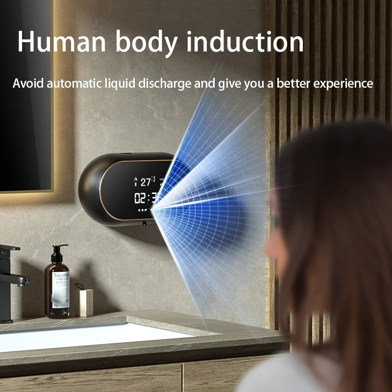 Distributeur automatique de savon en mousse sans contact Affichage de la température de l’heure Charge USB Distributeur de savon liquide à induction automatique étanche
