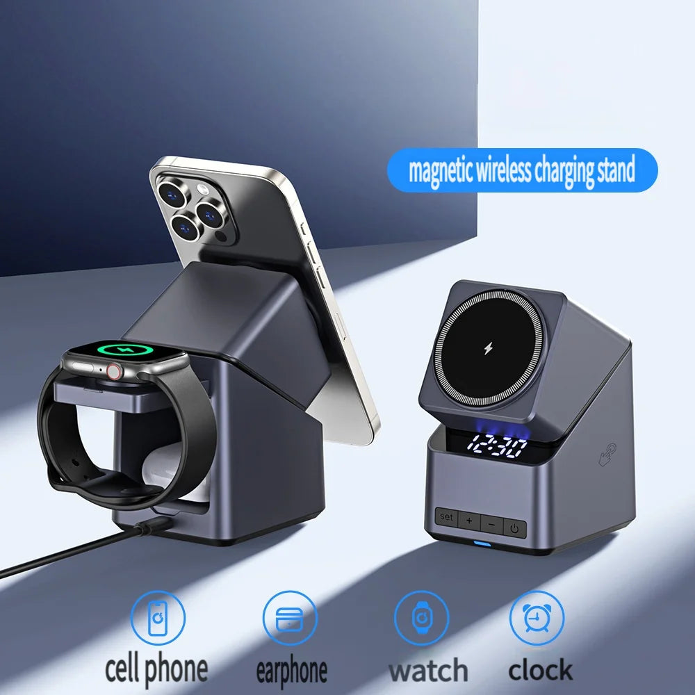 Chargeur Sans Fil Magnétique 4 En 1 One-Touch Rotation À 360° Et Affichage De L’Horloge Numérique, Station De Charge Rapide Pour iPhone iWatch AirPods