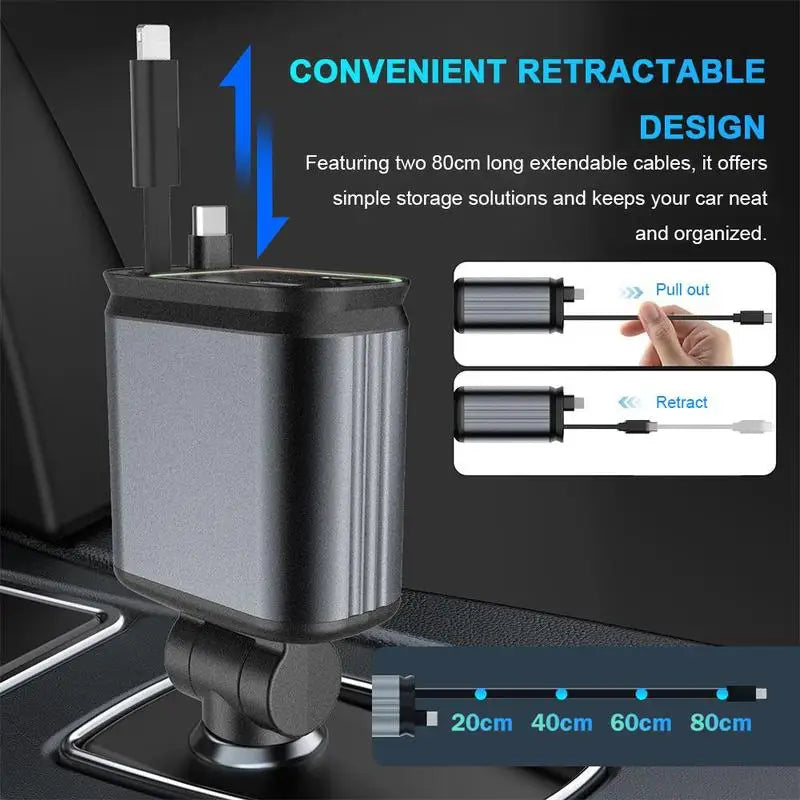 Chargeur de voiture 4 en 1 avec projecteur de ciel étoilé Chargeur de voiture rétractable avec câble de charge et 2 ports de charge, chargeur de voiture universel