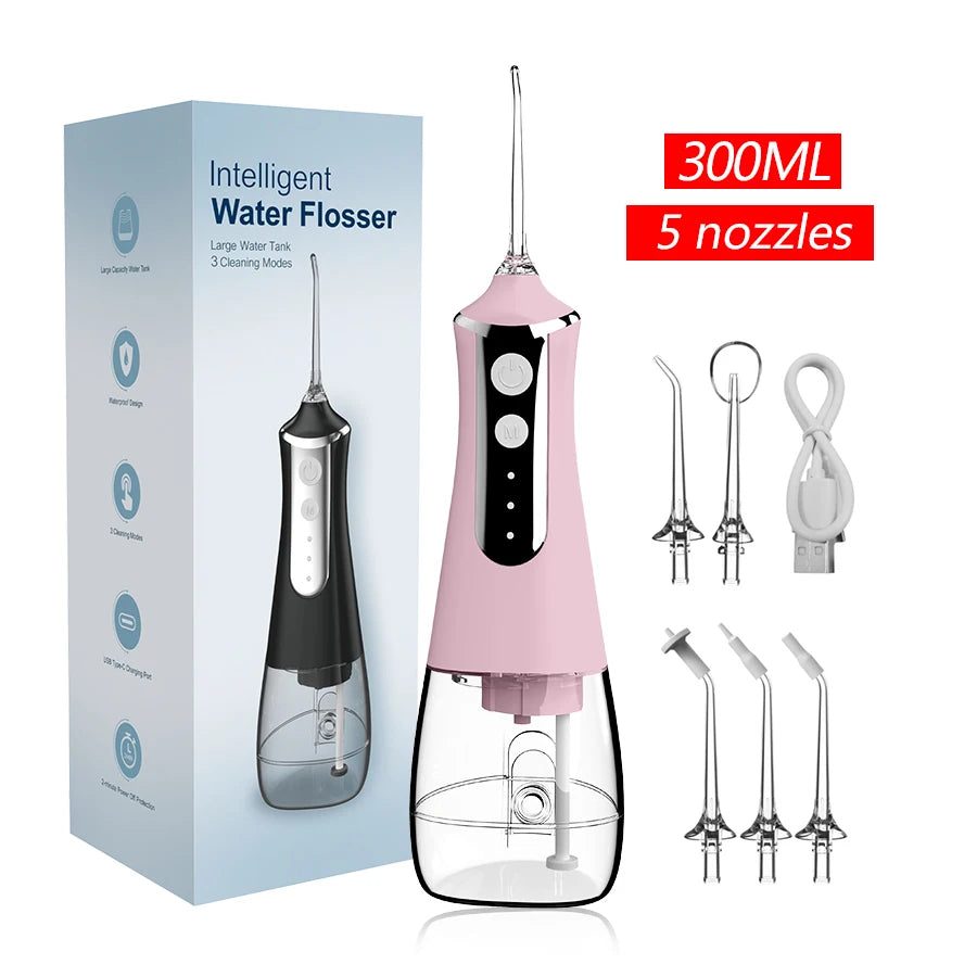 Dental Oral Irrigator Water Wire Teeth Wire Pick Mouth Washing Machine 5 Nozzles 3 USB Modes Rechargeable 300ml Tank