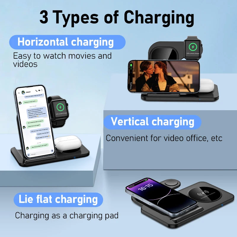 Support de chargeur sans fil pliable 3 en 1 pour iPhone 15 14 13 12 Pro Max Mini iWatch AirPods 3/2 Support de station de charge rapide