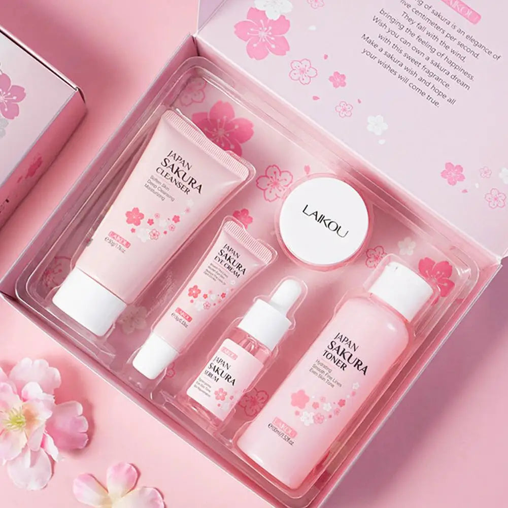 Sakura Lot de 5/3 soins pour le visage, sérum, tonique, nettoyant pour le visage, crème solaire, pour les yeux, coffret cadeau