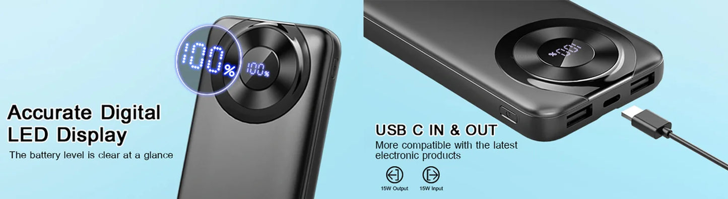Chargeur portable 10000mAh, Power Bank de charge à grande vitesse avec câble intégré 5V/3A Slim Battery Pack, USB-C in&Out Powerbank.