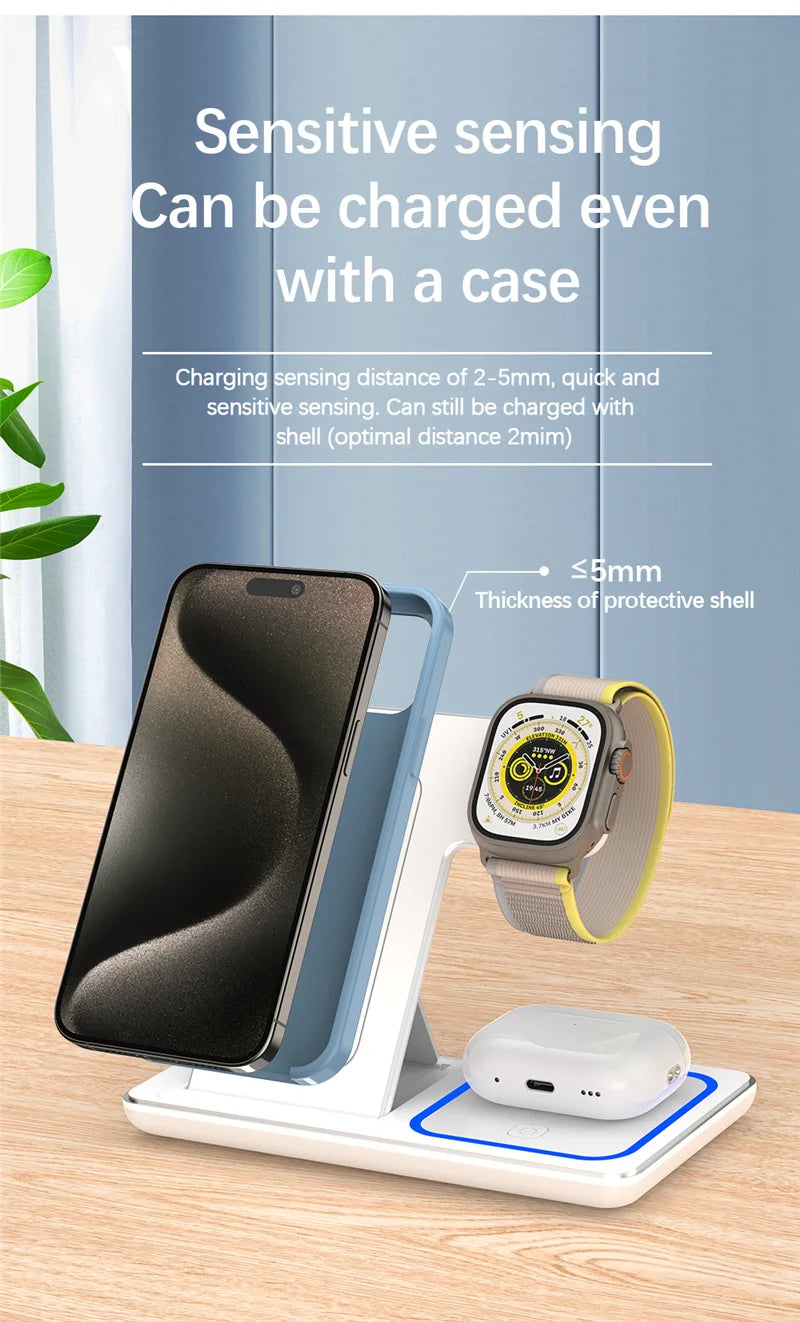 Support de chargeur sans fil pliable 3 en 1 pour iPhone 15 14 13 12 Pro Max Mini iWatch AirPods 3/2 Support de station de charge rapide