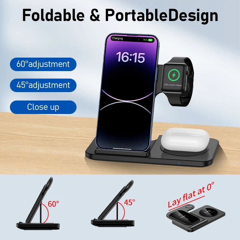 Support de chargeur sans fil pliable 3 en 1 pour iPhone 15 14 13 12 Pro Max Mini iWatch AirPods 3/2 Support de station de charge rapide