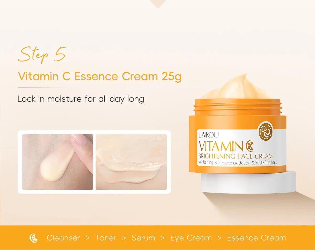 LAIKOU Ensemble de produits de soins de la peau de la série Vitamin C Ensemble de soins de la peau hydratante de 5 pièces Nettoyant Toner Essence Crème pour les yeux et crème pour le visage