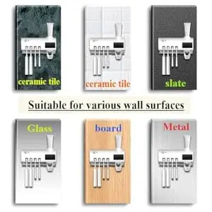 Wall mounted toothpaste dispenser with 4 toothbrush slots, toothbrush cleaning rack, bathroom accessories, no drilling required
