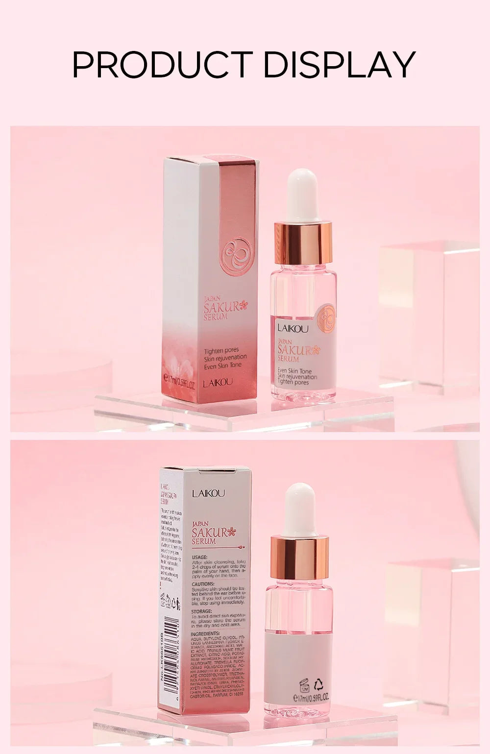 LAIKOU Sakura Face Essence Sérum anti-rides Rétrécir les pores Anti-âge Hydratant Soins de la peau sèche 17ml