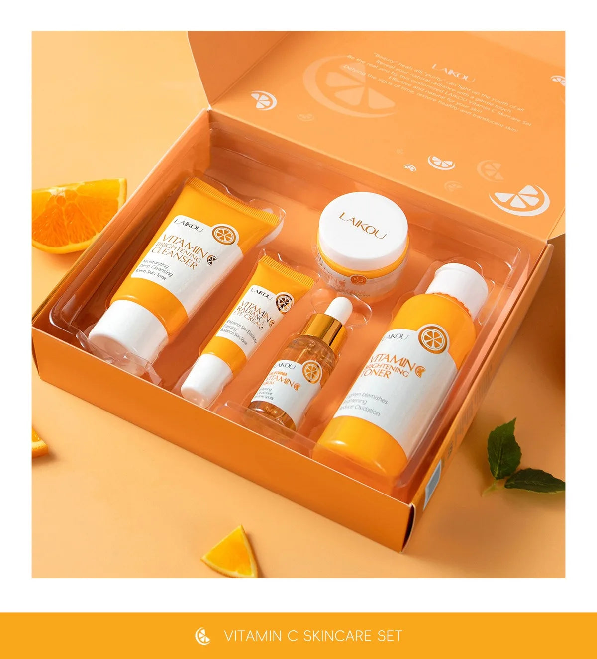 LAIKOU Ensemble de produits de soins de la peau de la série Vitamin C Ensemble de soins de la peau hydratante de 5 pièces Nettoyant Toner Essence Crème pour les yeux et crème pour le visage