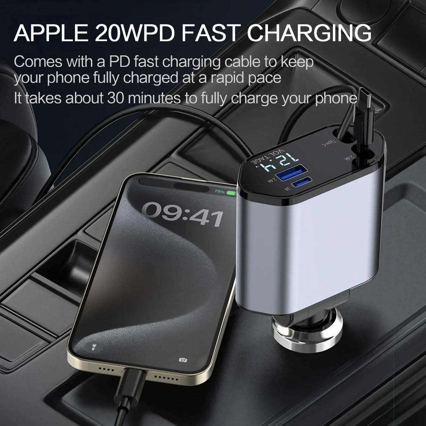 Chargeur de voiture rétractable 4 en 1 Chargeur de voiture à charge rapide avec câble USB de type C et 2 ports de charge de type C, chargeur de voiture universel
