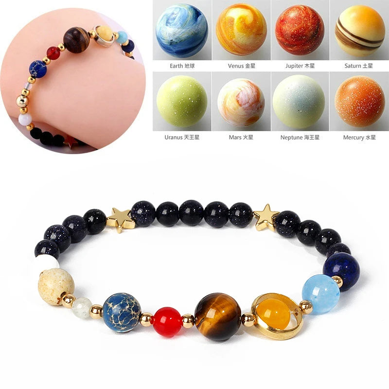 🌌 Bracelet Galaxie – 8 Planètes du Système Solaire & Étoile Gardienne