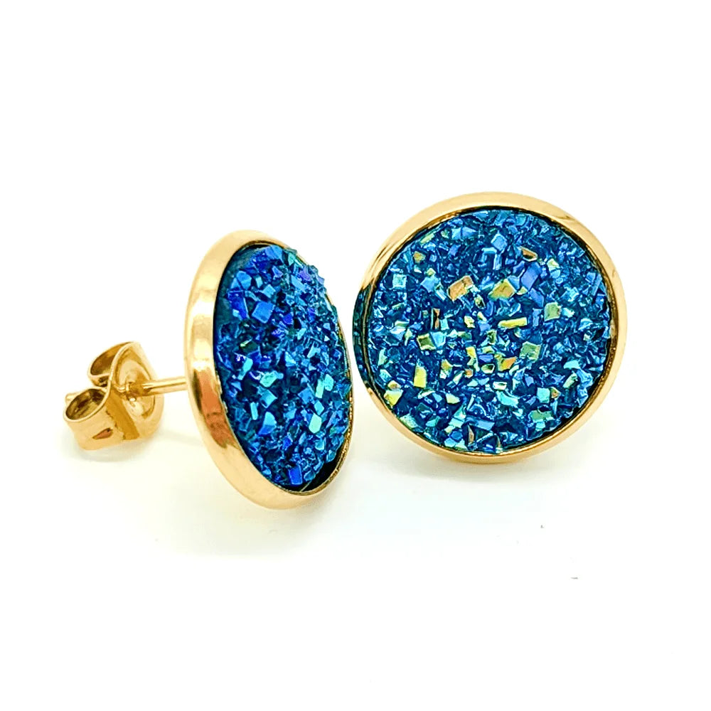 Gold Plated Artificial Druze Earrings for Women Teens,Stainless Steel Drusy Stone Stud Earring,Kpop Y2K Jewelry,Party Gifts
