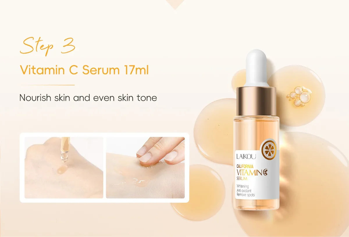 LAIKOU Ensemble de produits de soins de la peau de la série Vitamin C Ensemble de soins de la peau hydratante de 5 pièces Nettoyant Toner Essence Crème pour les yeux et crème pour le visage