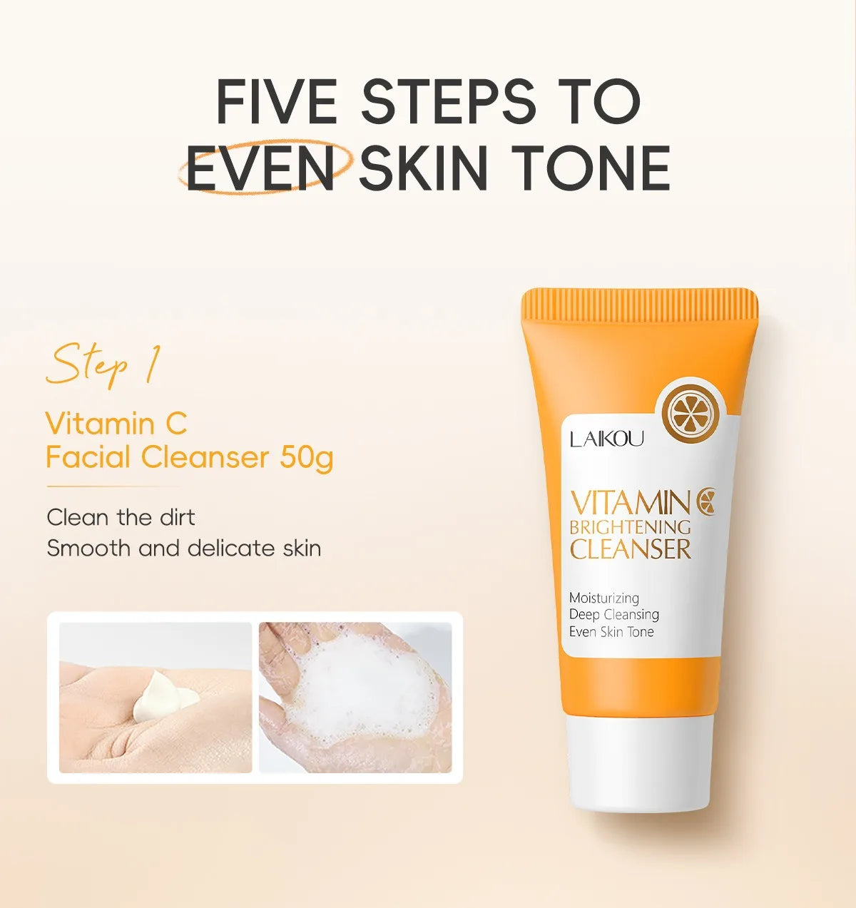 LAIKOU Ensemble de produits de soins de la peau de la série Vitamin C Ensemble de soins de la peau hydratante de 5 pièces Nettoyant Toner Essence Crème pour les yeux et crème pour le visage