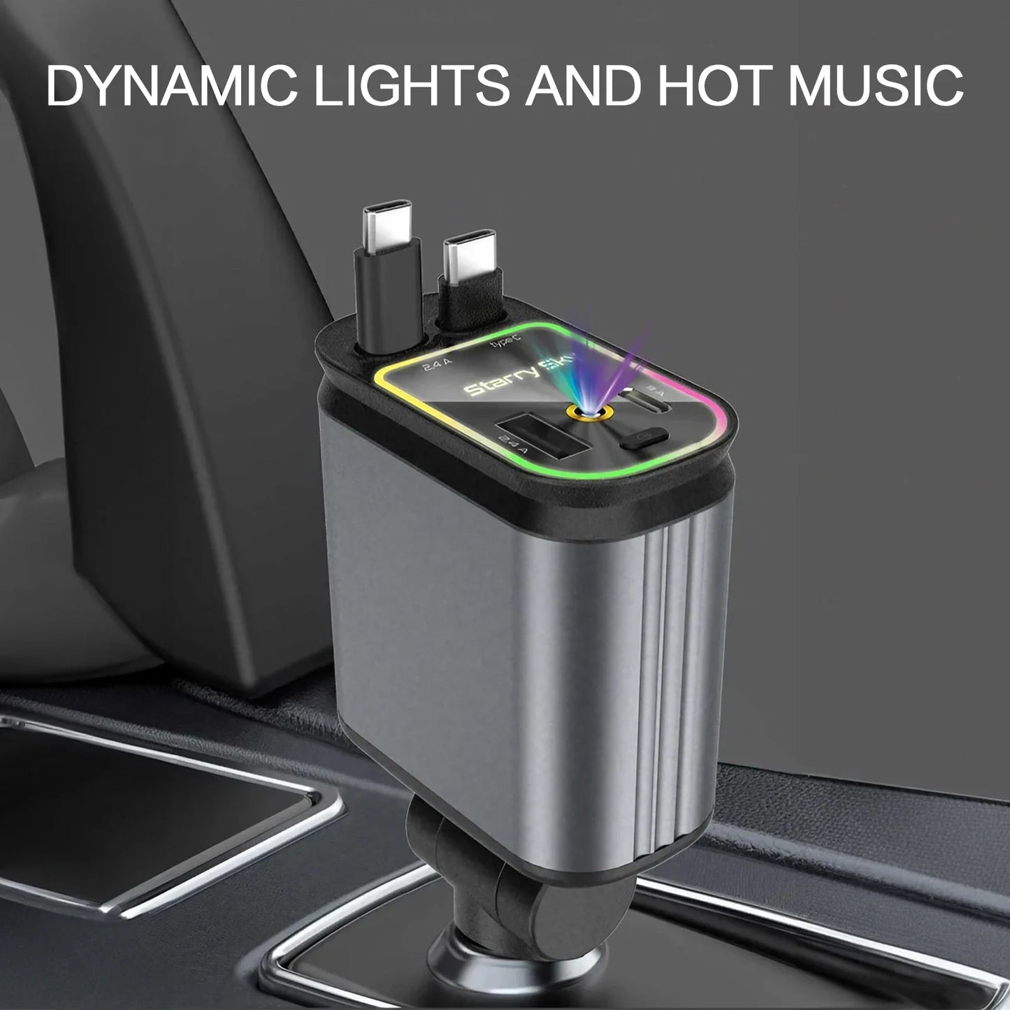 Chargeur de voiture rétractable 4 en 1 Chargeur de voiture à charge rapide avec câble USB de type C et 2 ports de charge de type C, chargeur de voiture universel