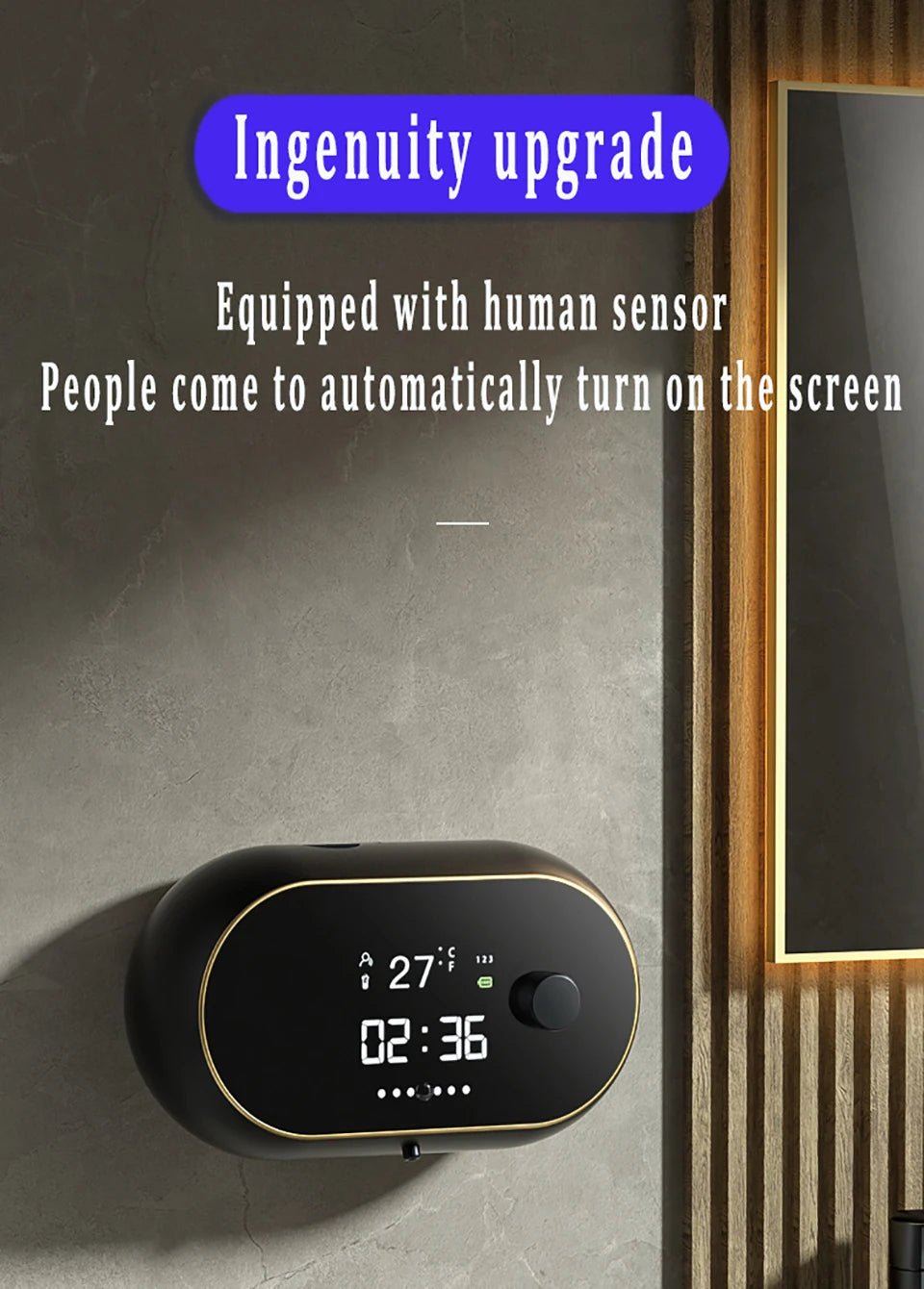 Distributeur automatique de savon en mousse sans contact Affichage de la température de l’heure Charge USB Distributeur de savon liquide à induction automatique étanche