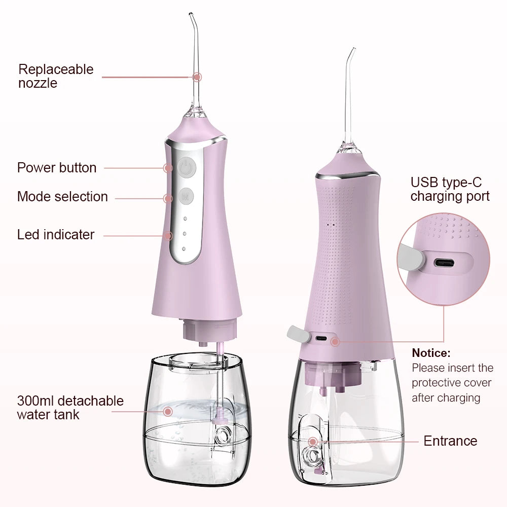 Dental Oral Irrigator Water Wire Teeth Wire Pick Mouth Washing Machine 5 Nozzles 3 USB Modes Rechargeable 300ml Tank